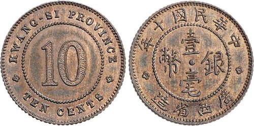 民国十年（1921年）广西省造壹毫银币铜质样币