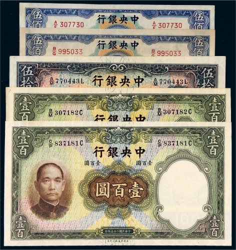 民国中央银行纸币一组五枚