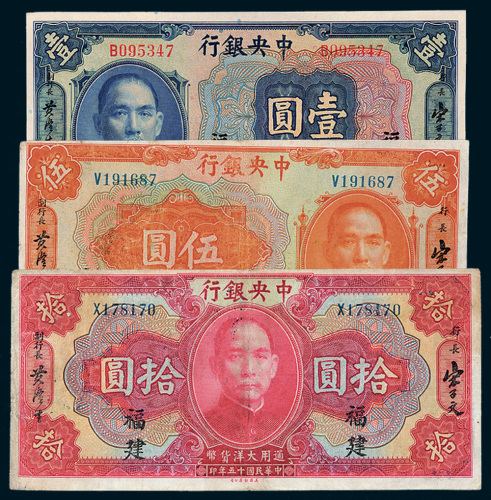 民国十五年（1926年）中央银行福建壹圆、伍圆、拾圆各一枚