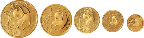 1985年熊猫5元、10元、25元、50元、100元纪念金币各一枚