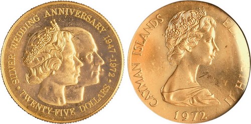 1972年开曼群岛英国女王伊丽莎白二世银婚纪念25元金币