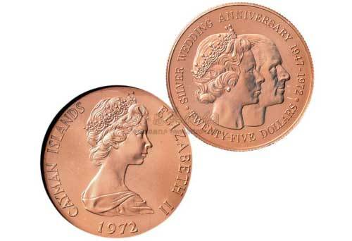 1972年开曼群岛英国女王伊丽莎白二世银婚纪念25元金币