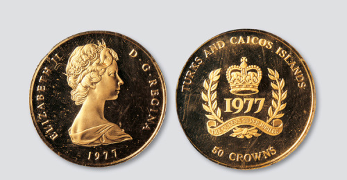 英属图克斯凯克斯群岛1977年英女王银婚纪念金币50克朗