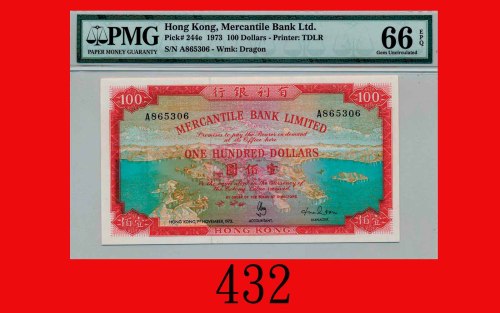 1973年有利银行一佰圆Mercantile Bank Limited, $100, 1/11/1973 (Ma M17), s/n A865306. PMG 66 Gem UNC