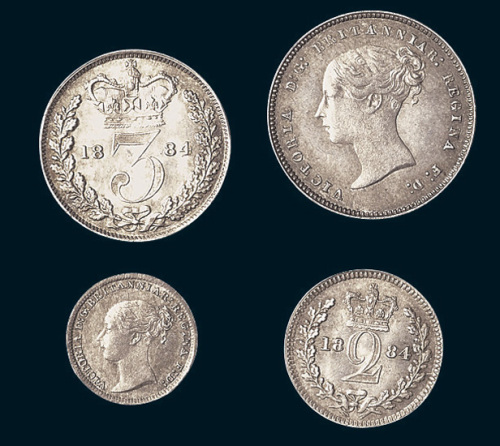 1884年英国1-4便士银币各一枚