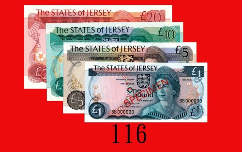 英国纸钞样票一组四枚： 1 - 20镑(1976-80)。均全新Great Britain: set of The States of Jersey Specimens, 1, 5, 10 & 20 