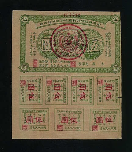中华苏维埃共和国经济建设公债券伍角、壹圆、贰圆、叁圆、伍圆五枚全套（P）