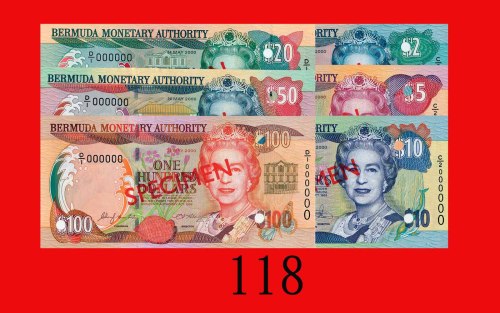 2000年百慕达金融局纸钞样票一套六枚：2 - 100元。均全新Bermuda Monetary Authority, set of $2 - $100 Specimens, 2000. SOLD A