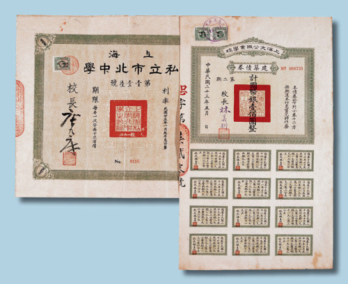 民国二十三年上海大公职业学校第二期建筑债券（国币一百元）一件