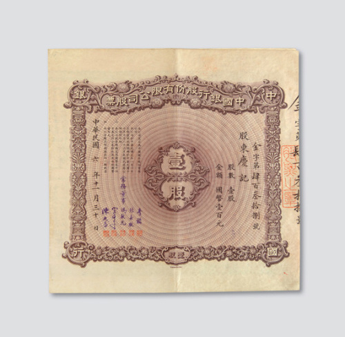 民国六年（1917年）中国银行股份有限公司股票壹股