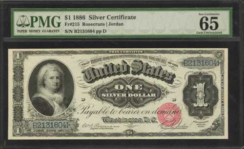 Fr. 215. 1886 $1 Silver Certificate. PMG Gem Uncirculated 65 EPQ.