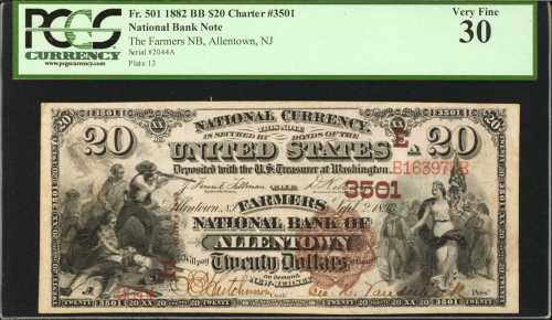 Allentown, New Jersey. $20 1882 Brown Back. Fr. 501. The Farmers NB. Charter #3501. PCGS Very Fine 3
