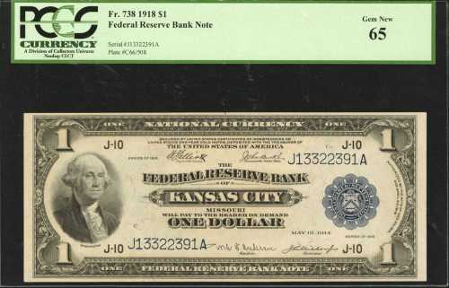 Fr. 738. 1918 $1 Federal Reserve Bank Note. Kansas City. PCGS Gem New 65.