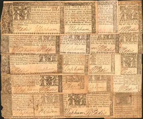 Colonial Currency. Collection of (19) Notes from Maryland and (1) from Delaware. Very Good to Very F