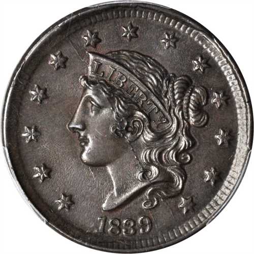 1839 Modified Matron Head Cent. N-9. Rarity-2. Silly Head. MS-65 BN (PCGS).