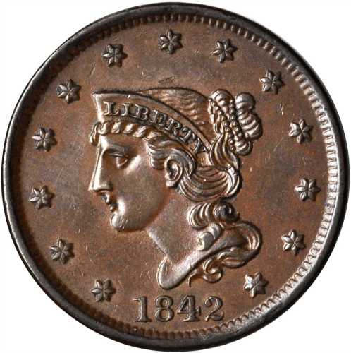 1842 Braided Hair Cent. N-6, 10. Rarity-1. Large Date. EF-45.