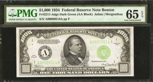 Fr. 2211-Adgs. 1934 $1000 Federal Reserve Note. Boston. PMG Gem Uncirculated 65 EPQ.