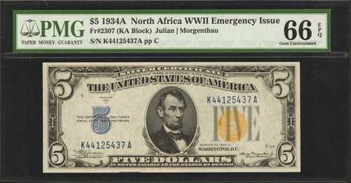 Fr. 2307. 1934A $5 North Africa Emergency Note. PMG Gem Uncirculated 66 EPQ.