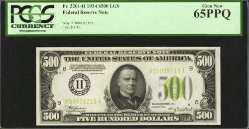 Fr. 2201-Hlgs. 1934 $500 Federal Reserve Note. St. Louis. PCGS Gem New 65 PPQ.