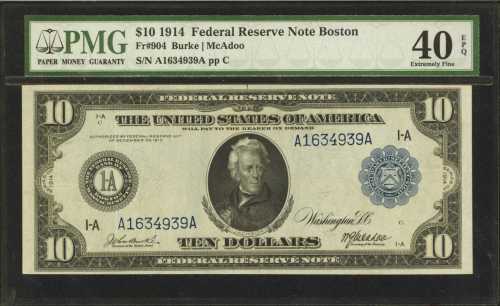 Fr. 904. 1914 $10 Federal Reserve Note. Boston. PMG Extremely Fine 40 EPQ.