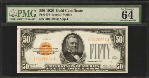 Fr. 2404. 1928 $50 Gold Certificate. PMG Choice Uncirculated 64 EPQ.