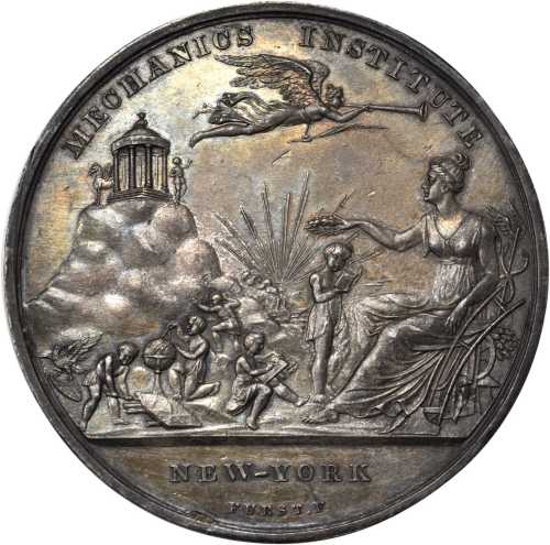 1837 New York Mechanics Institute Medal, by Moritz Furst. Silver. 51.1 mm. Harkness NY-370, Neuzil-5