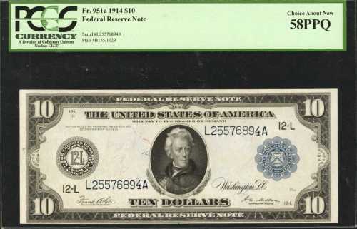 Fr. 951a. 1914 $10 Federal Reserve Note. San Francisco. PCGS Choice About New 58 PPQ.