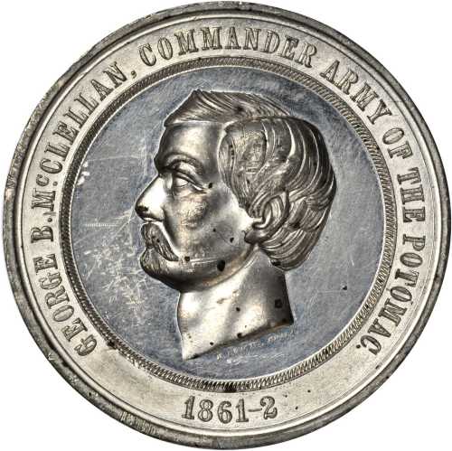 George McClellan Battle Memorial Medal. DeWitt-GMcC 1864-87. White metal. 49.0 mm. About Uncirculate
