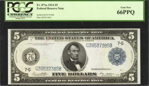 Fr. 871a. 1914 $5 Federal Reserve Note. Chicago. PCGS Gem New 66 PPQ.