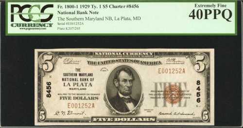 La Plata, Maryland. $5 1929 Ty. 1. Fr. 1800-1. The Southern Maryland NB. Charter #8456. PCGS Extreme