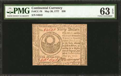 CC-70. Continental Currency. May 20, 1777. $30. PMG Choice Uncirculated 63 EPQ.