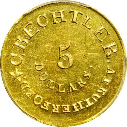 1834 (1834-1837) Christopher Bechtler $5. K-17. Rarity-5. RUTHERFORD, 140.G., 20 CARATS. Plain Edge.