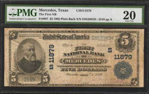 Mercedes, Texas. $5 1902 Plain Back. Fr. 607. The First NB. Charter #11879. PMG Very Fine 20.