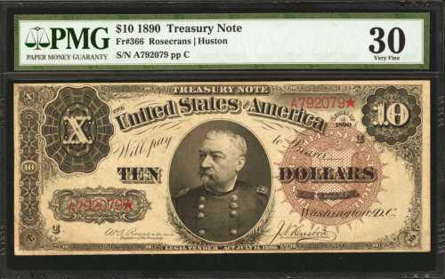 Fr. 366. 1890 $10 Treasury Note. PMG Very Fine 30.