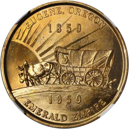 1959 Oregon Statehood Centennial. Eugene, Oregon Dollar. Gilt Bronze. 33 mm. HK-557. Rarity-3. MS-66