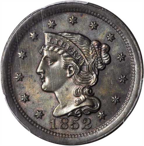 1852 Braided Hair Cent. N-17. Rarity-1. MS-64 BN (PCGS).