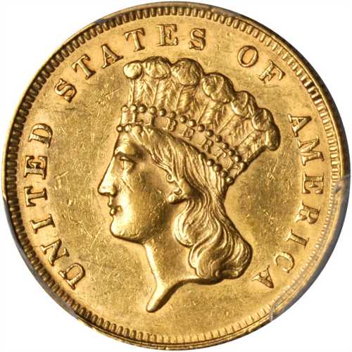 1866 Three-Dollar Gold Piece. AU-55 (PCGS).