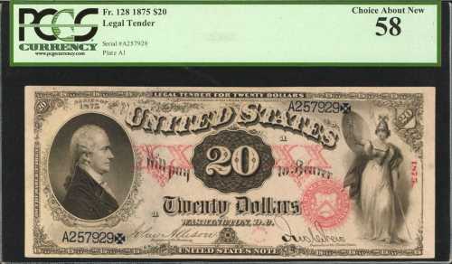 Fr. 128. 1875 $20 Legal Tender Note. PCGS Choice About New 58.