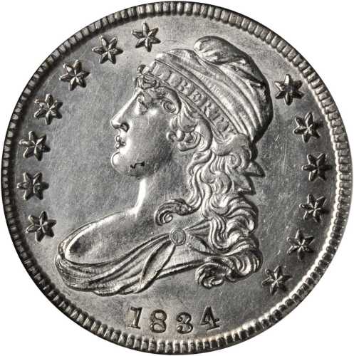 1834 Capped Bust Half Dollar. O-109. Rarity-1. Small Date, Small Letters. AU-58 (NGC). OH.