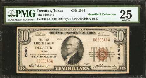 Decatur, Texas. $10 1929 Ty. 1. Fr. 1801-1. The First NB. Charter #2940. PMG Very Fine 25.