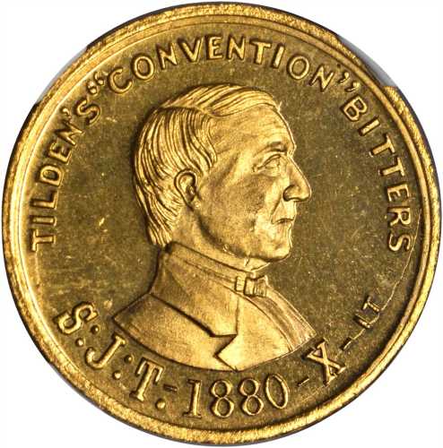 1876 Samuel J. Tilden. DeWitt-SJT 1876-9. Brass. 28 mm. MS-66 DPL (NGC).