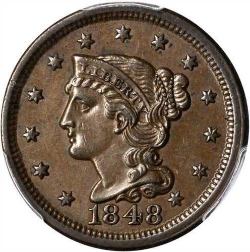 1848 Braided Hair Cent. N-21. Rarity-3. AU-58 (PCGS).