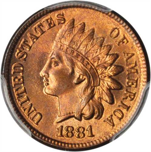 1881 Indian Cent. MS-65 RD (PCGS).