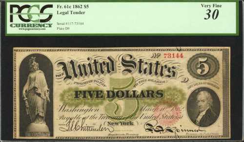 Fr. 61c. 1862 $5 Legal Tender Note. PCGS Very Fine 30.