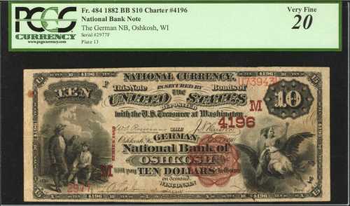Oshkosh, Wisconsin. $10 1882 Brown Back. Fr. 484. The German NB. Charter #4196. PCGS Very Fine 20.