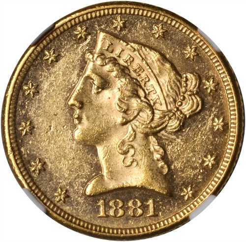 1881 Liberty Head Half Eagle. MS-61 DPL (NGC).