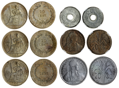 法属安南辅币6枚一组，包括1943年5分， 1921A,23A,25A,41S及45B20分，分别评NGC MS67,PCGS AU Details,MS61,AU53,NGC MS65及PCGS M