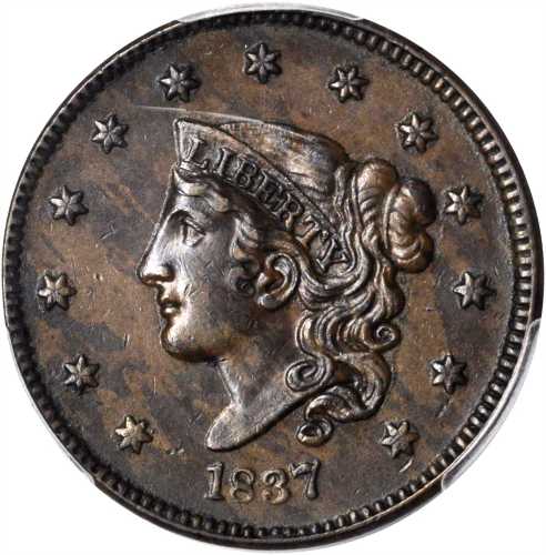 1837 Modified Matron Head Cent. N-16. Rarity-3. Plain Cords, Medium Letters. AU-55 (PCGS).