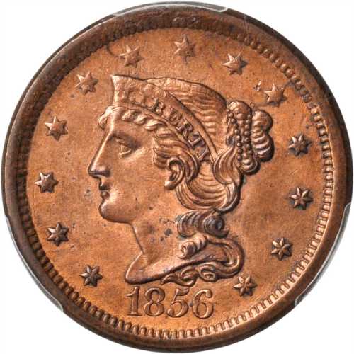 1856 Braided Hair Cent. N-14. Rarity-1. Slanting 5. AU Details--Questionable Color (PCGS).