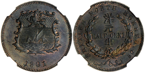 1891-H英属北婆罗州半分铜币，NGC MS65BN, 罕有的高评分